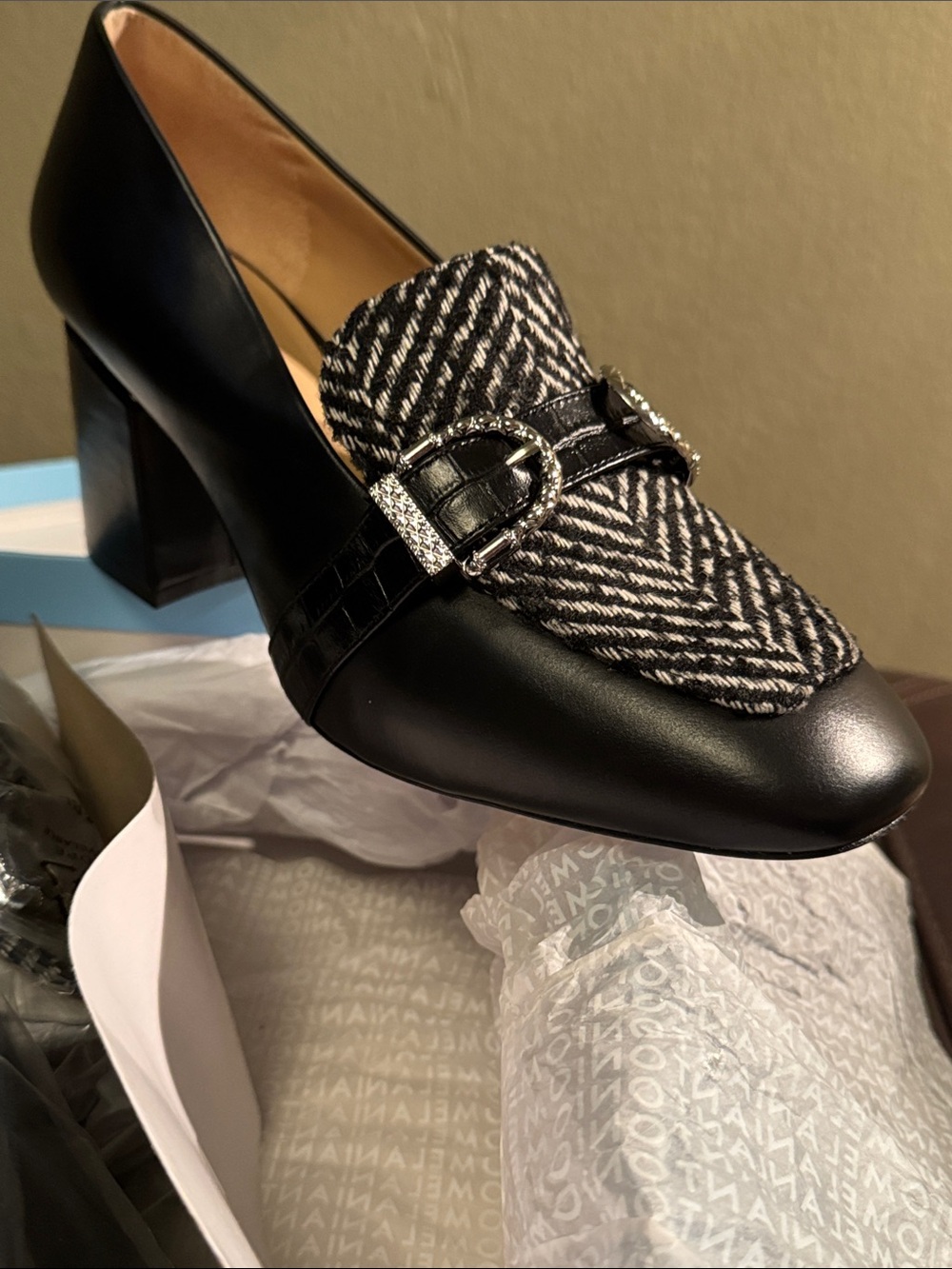 NIB $219 ANTONIO MELANI Azlie Chevron Fully Leather Heel Loafers! Sz 12